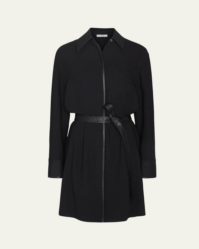 Leather-Trim Belted Knee-Length Shirtdress