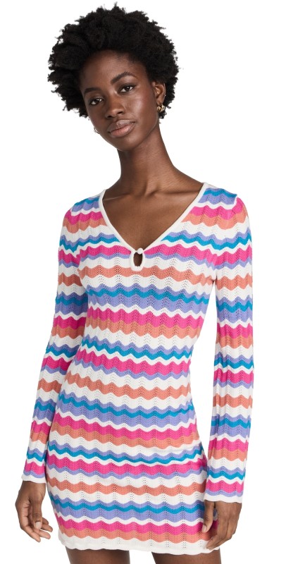 MINKPINK Wilma Pointelle Knit Dress Coral Stripe