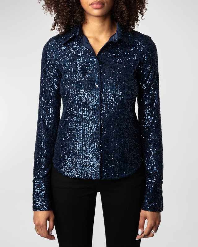 Tawny Sequined Button-Front Top
