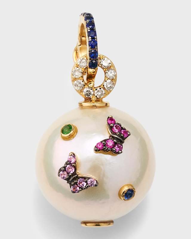 Round White Butterflies Diamond 14K Gold Pendant