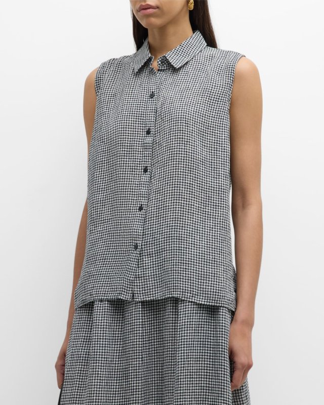 Sleeveless Gingham Organic Linen Shirt