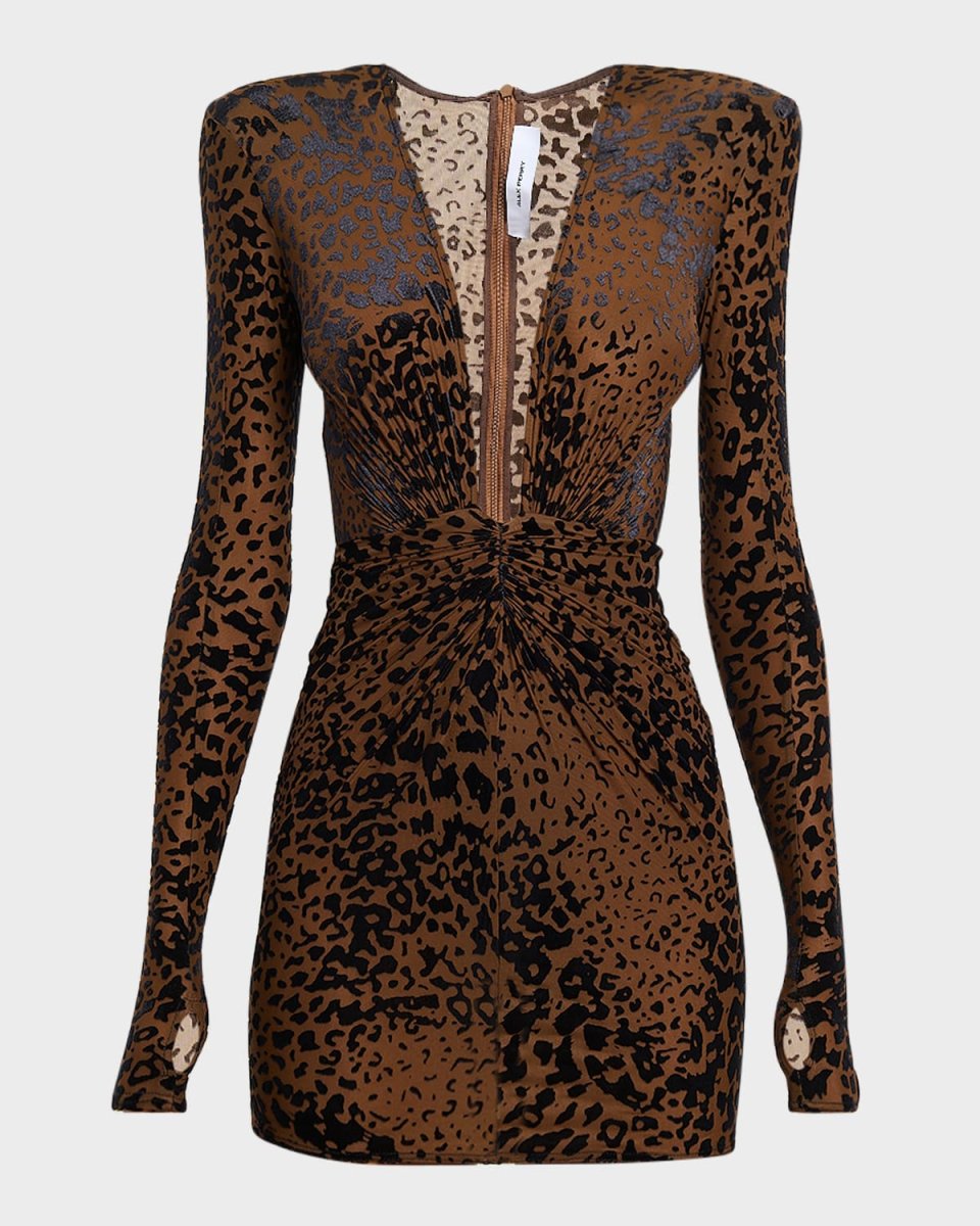 Plunging Long-Sleeve Leopard Burnout Mini Dress