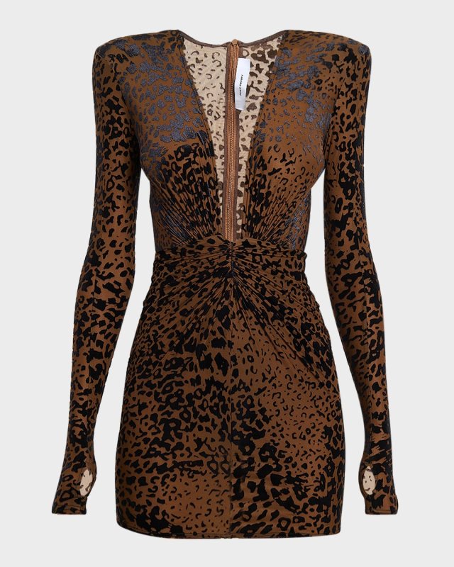Plunging Long-Sleeve Leopard Burnout Mini Dress
