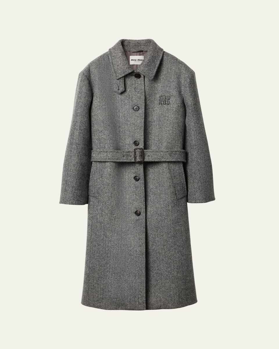 Long Chevron Belted Wool Coat