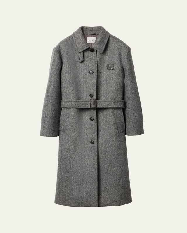 Long Chevron Belted Wool Coat
