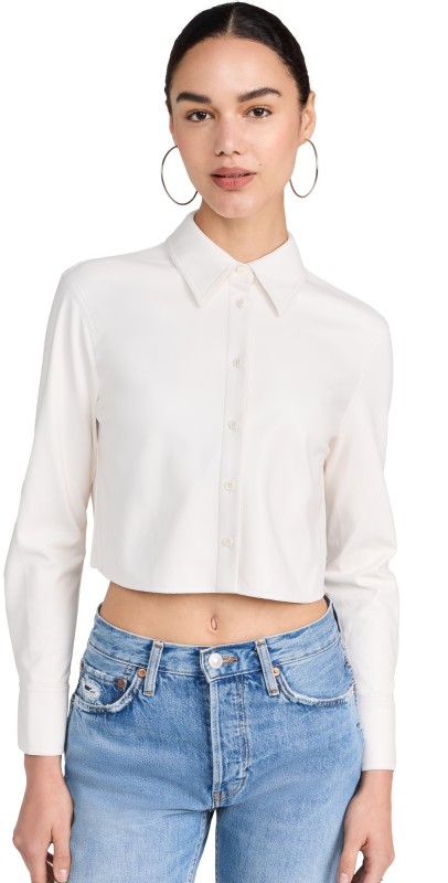 alice + olivia Leon Crop Vegan Button Down Off White