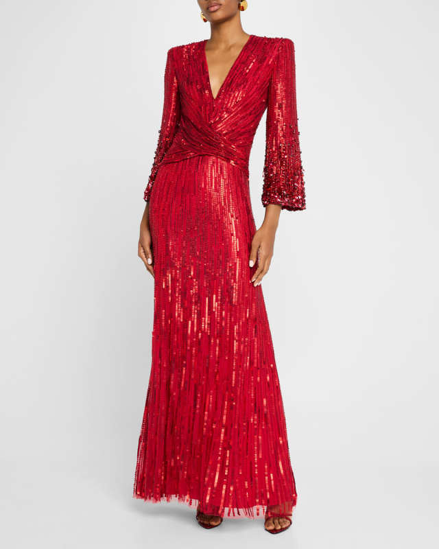 Cosmos Tonal Sequined Crystal V-Neck Gown