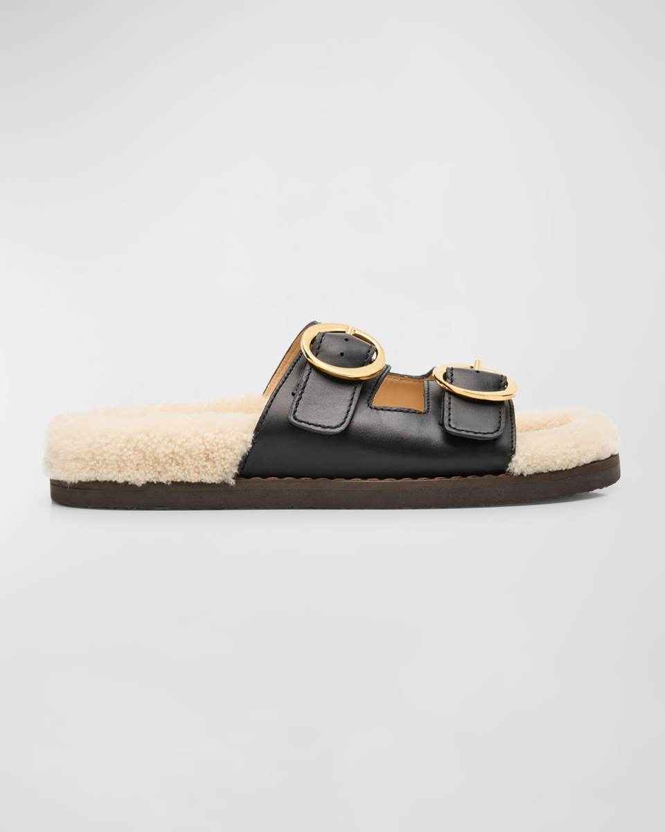 Yuki Leather Shearling Buckle Slide Sandals
