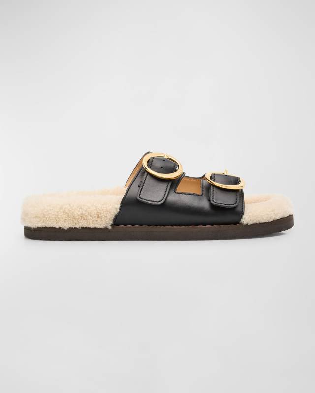 Yuki Leather Shearling Buckle Slide Sandals