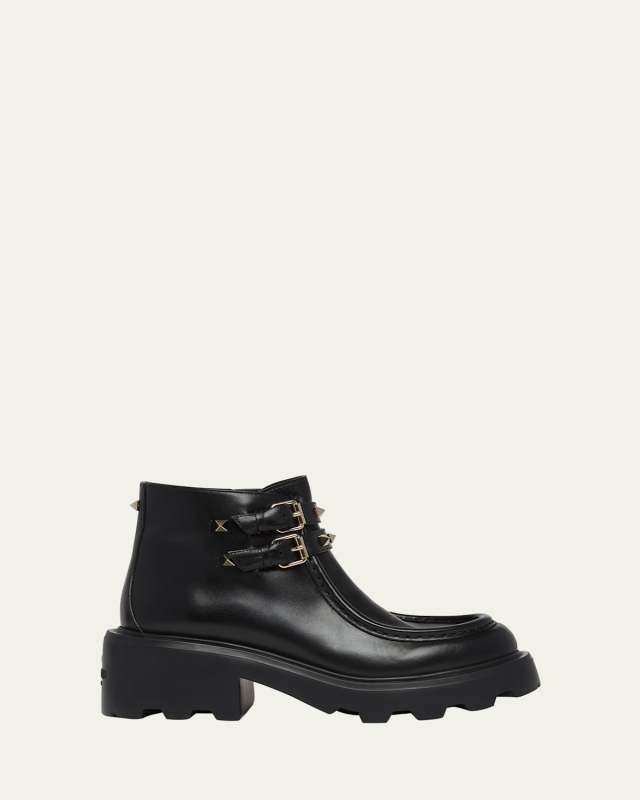 Rockstud Leather Dual-Buckle Ankle Boots
