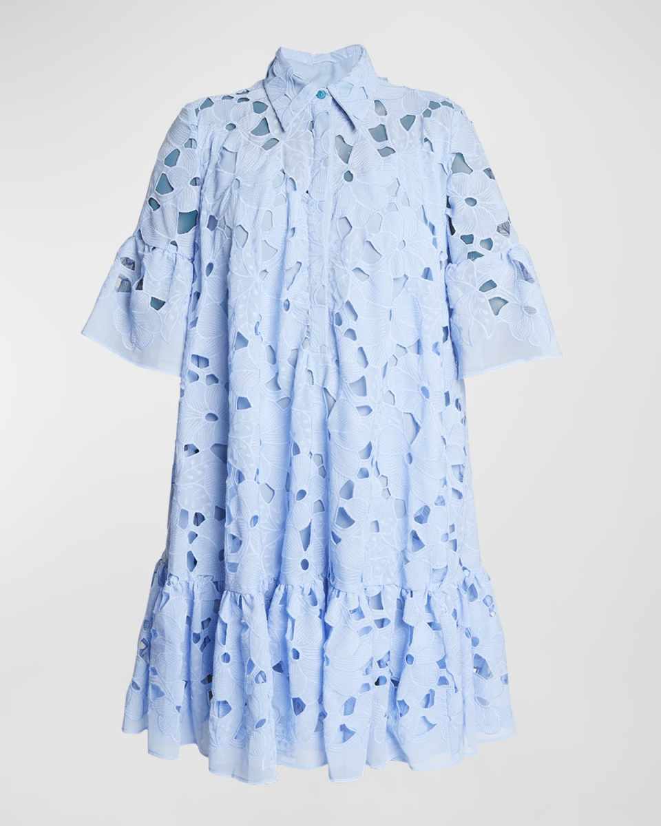 Floral Broderie Anglaise Ruffle Short-Sleeve Shirtdress