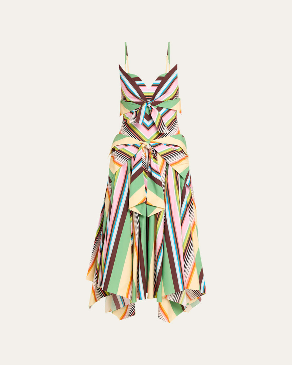 Multi-Striped Tie-Front Handkerchief-Hem Dress