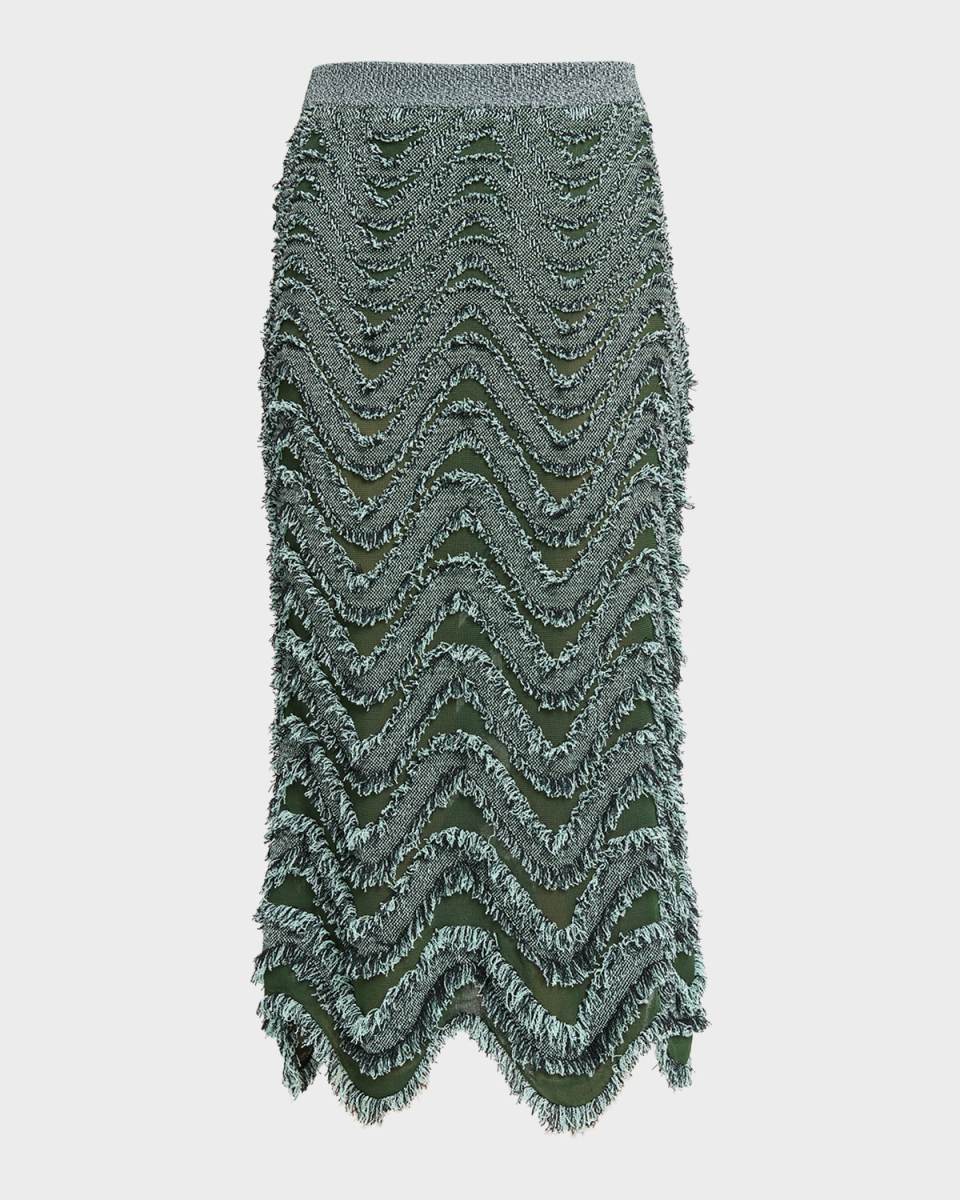 Fringed Waves Embroidered Midi Pull-On Skirt