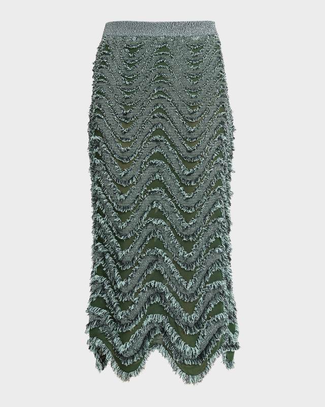 Fringed Waves Embroidered Midi Pull-On Skirt