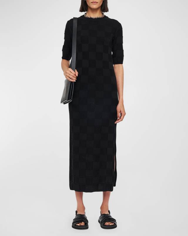 Side-Slit Vichy Knit Midi Sweater Dress