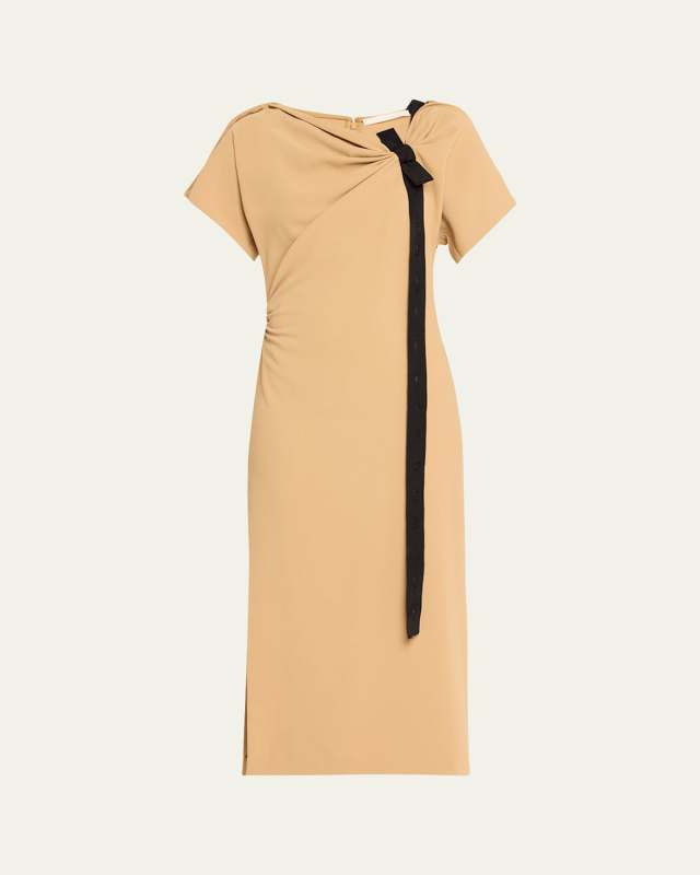 Draped Fluid Crepe Midi Dress with Tie Detail