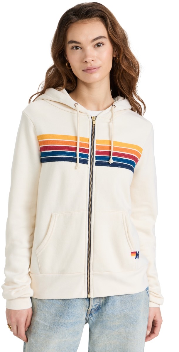 Aviator Nation 5 Stripe Zip Hoodie Vintage White