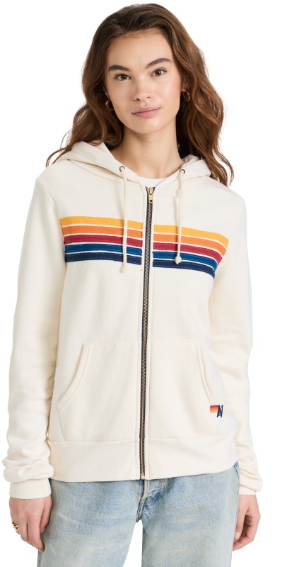 Aviator Nation 5 Stripe Zip Hoodie Vintage White