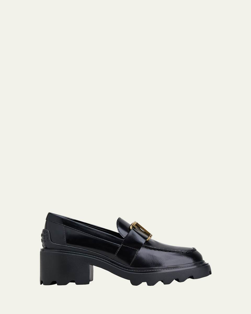 Shiny Leather Logo Buckle Chunky Loafers