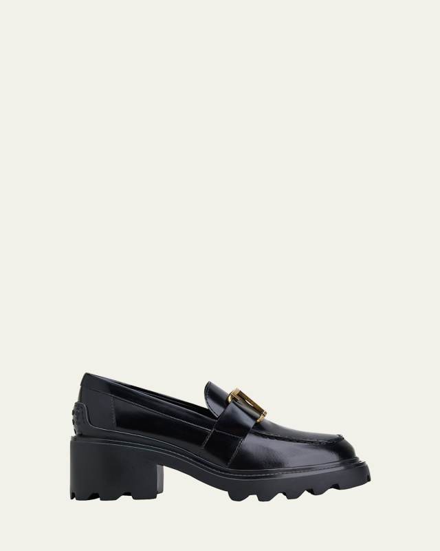 Shiny Leather Logo Buckle Chunky Loafers