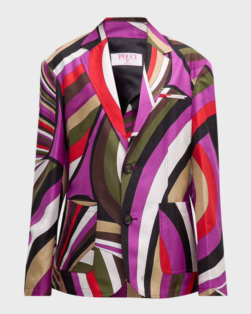 Abstract-Print Single-Breasted Silk Jacket