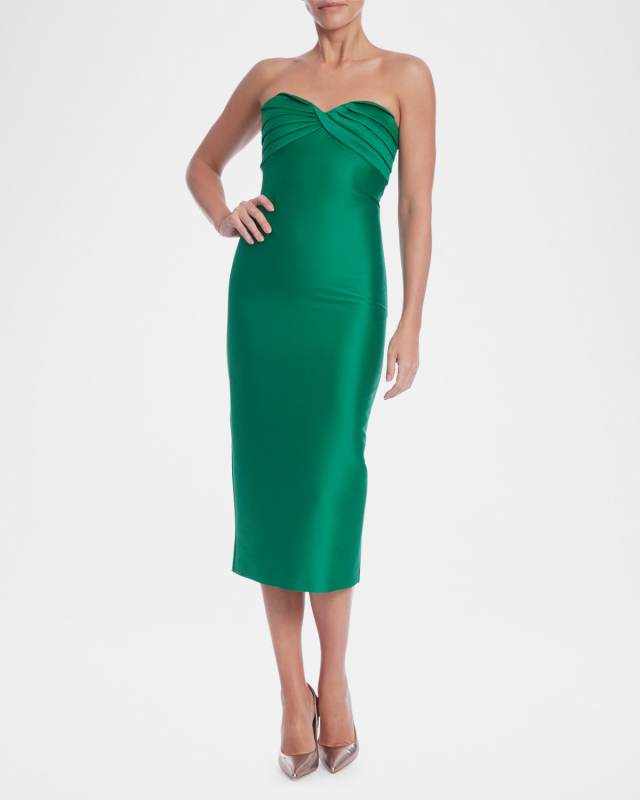 Pleated Strapless Bodycon Midi Dress