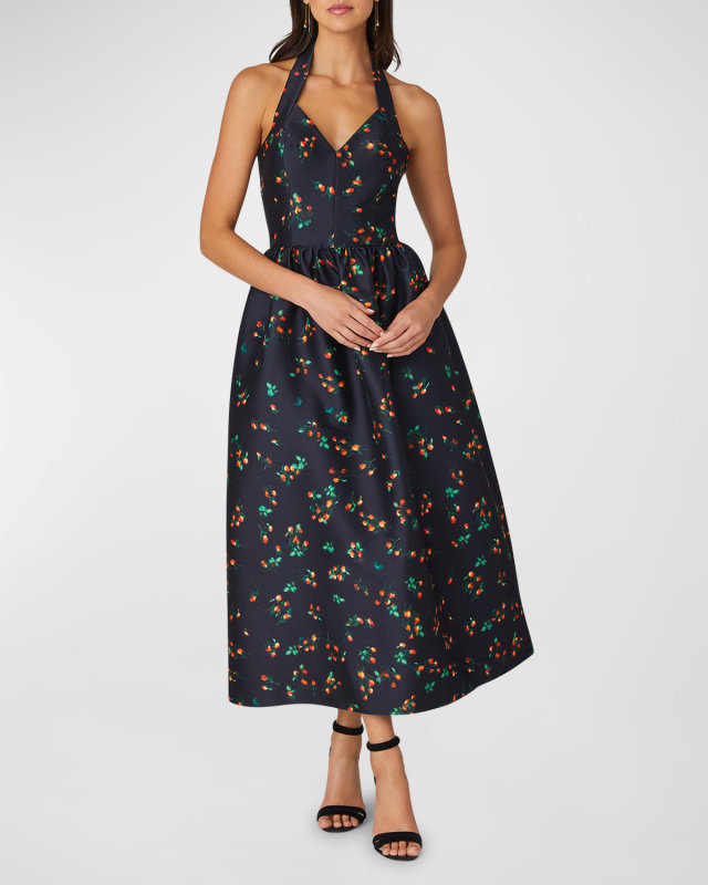 Floral-Print Mikado Halter Midi Dress