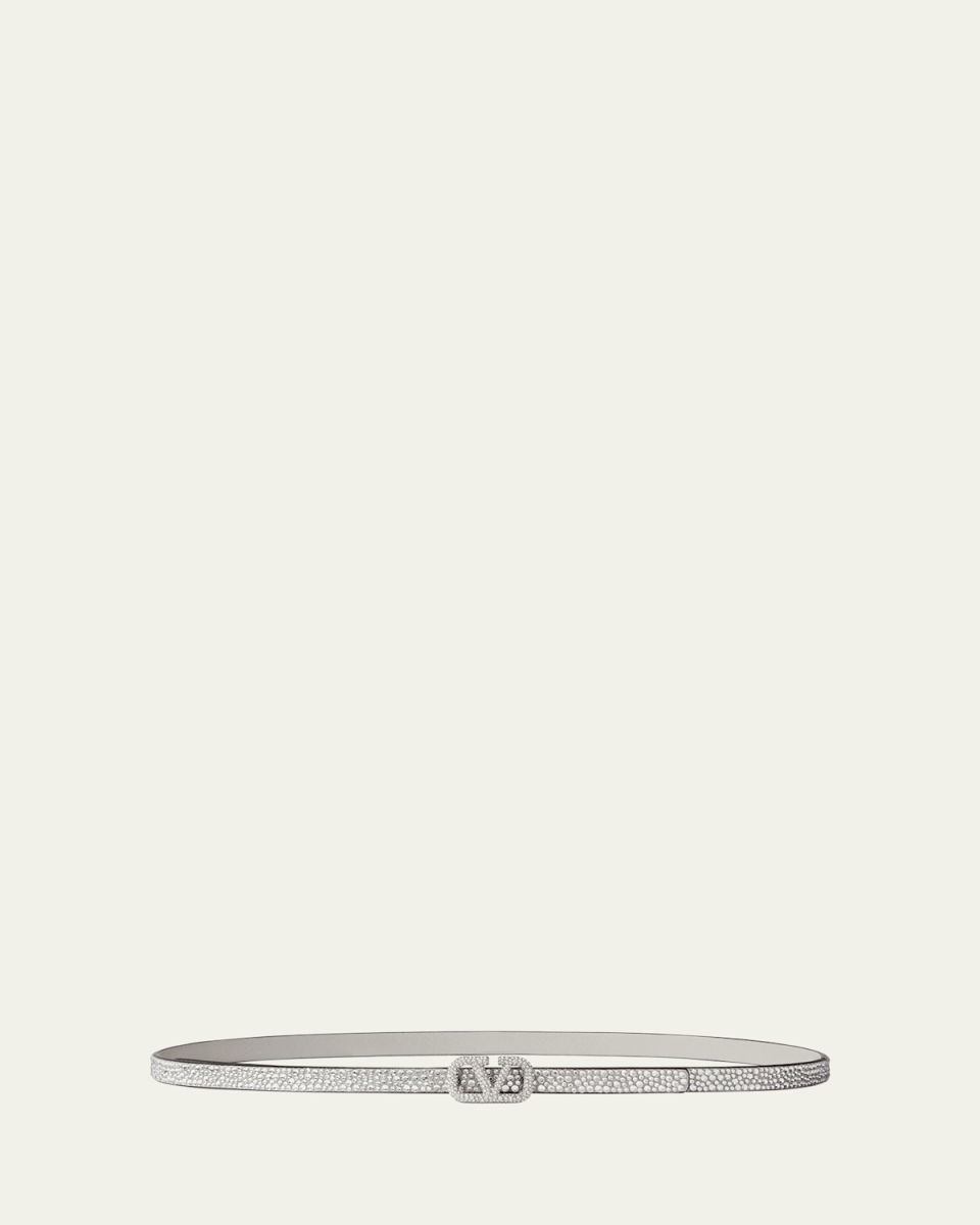 Rhinestone Embellished V-Logo Skinny Leather Belt