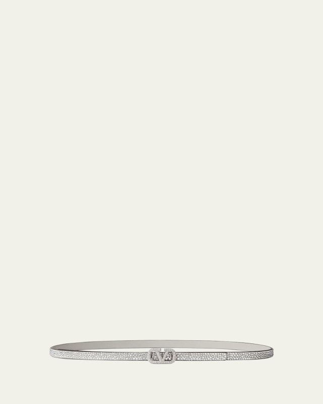 Rhinestone Embellished V-Logo Skinny Leather Belt