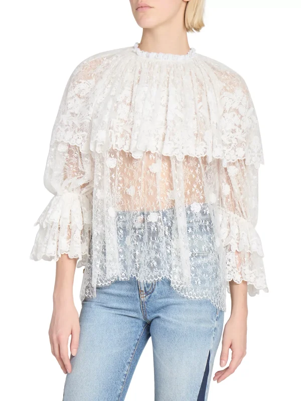 Chloe Draped Sheer Ruffled Floral Lace Top