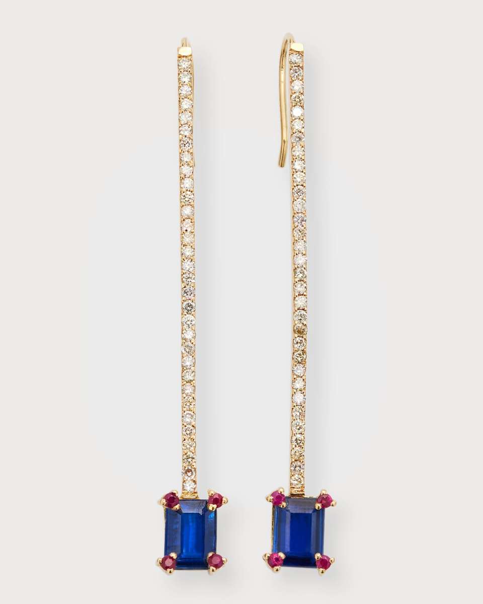 14K Kyanite and Ruby Drop Earrings with Diamond Bar