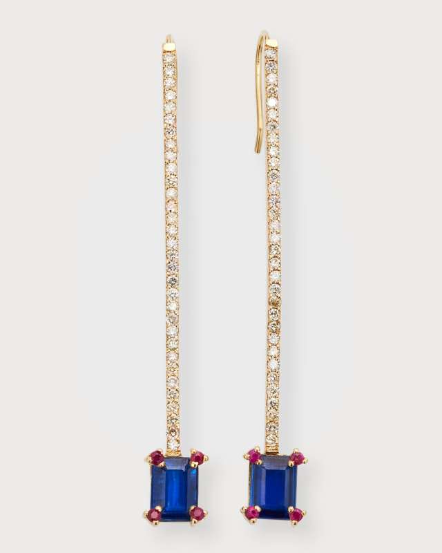14K Kyanite and Ruby Drop Earrings with Diamond Bar