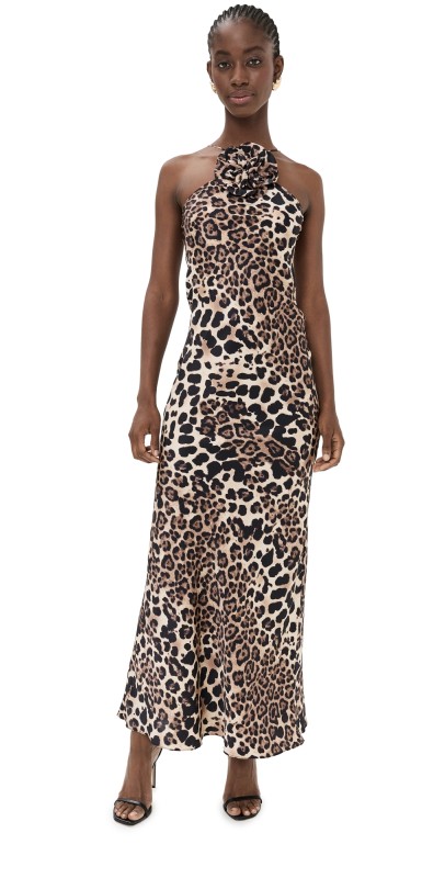 Rodarte Leopard Printed Silk Satin Bias Halter Gown with Silk Flower Pin Brown