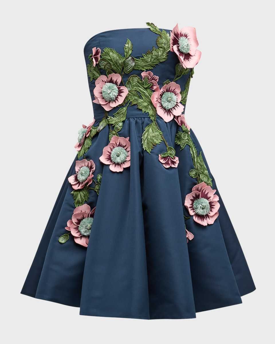 Strapless Hibiscus Embroidered Faille Mini Dress