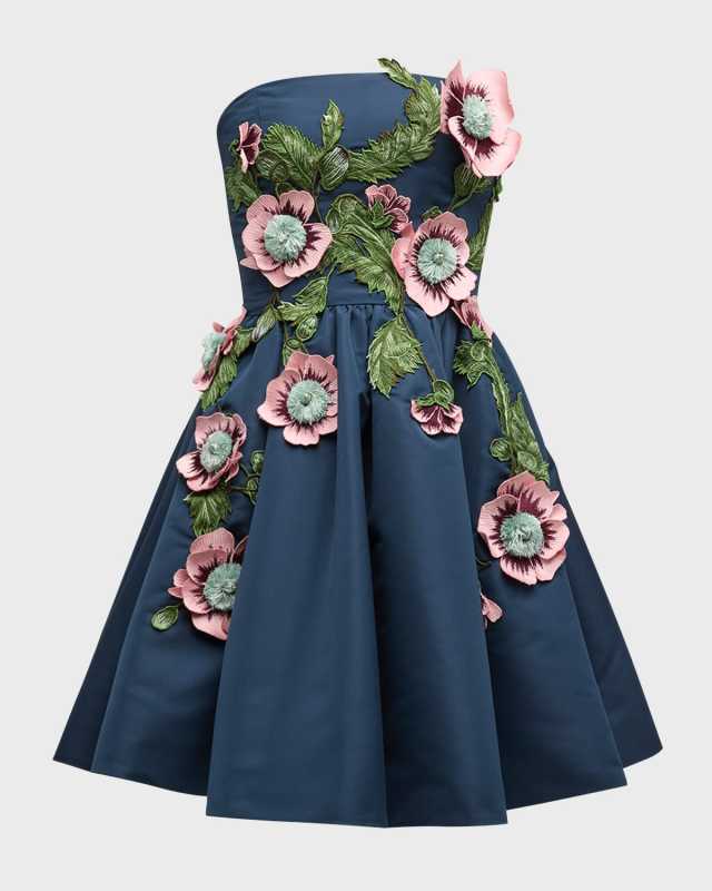 Strapless Hibiscus Embroidered Faille Mini Dress