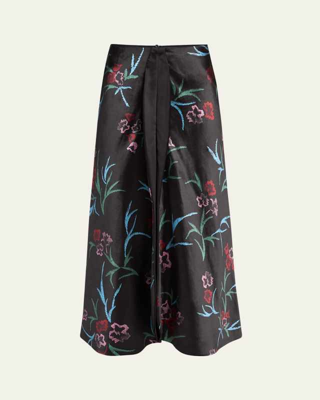 Floral Printed Maxi Silk Skirt with Pleated Center Panel