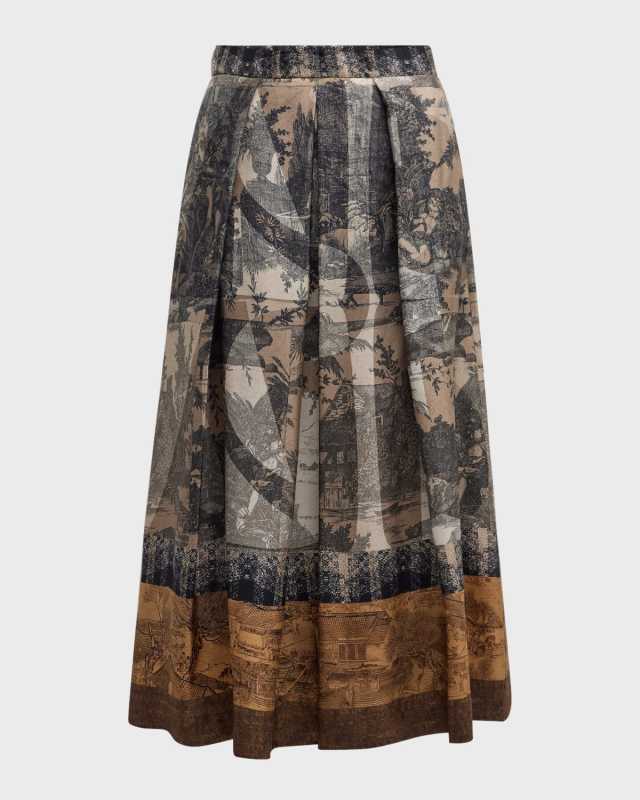 Pleated Toile-Print Midi Skirt