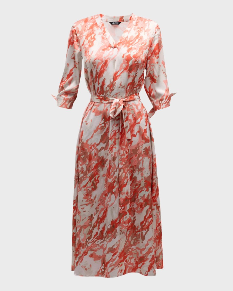 Abstract-Print Belted Crepe De Chine Midi Dress