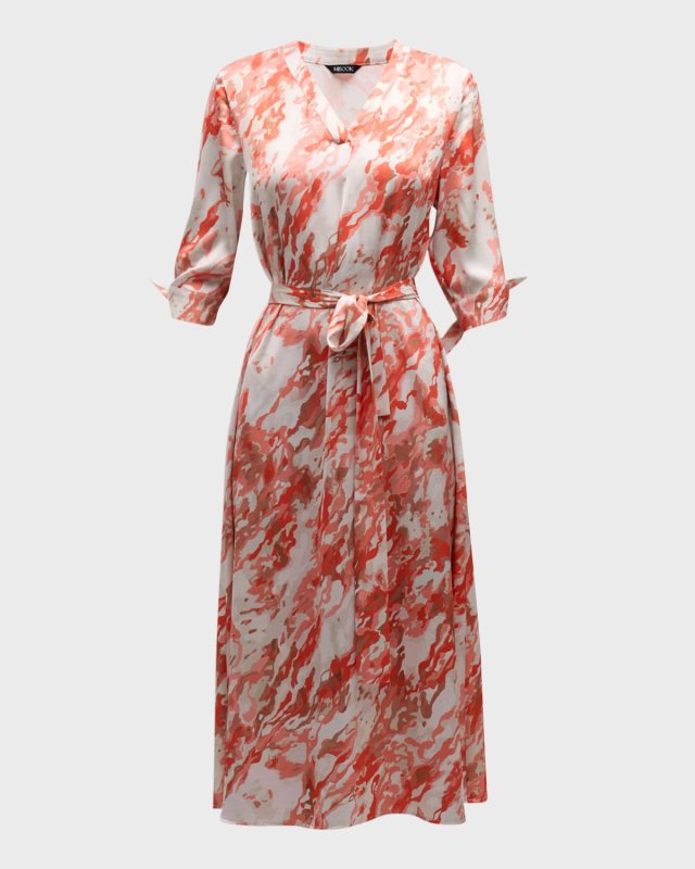Abstract-Print Belted Crepe De Chine Midi Dress
