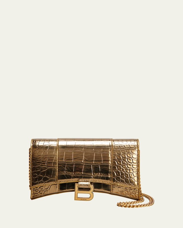 Hourglass Metallic Moc-Croc Wallet w/ Chain Strap