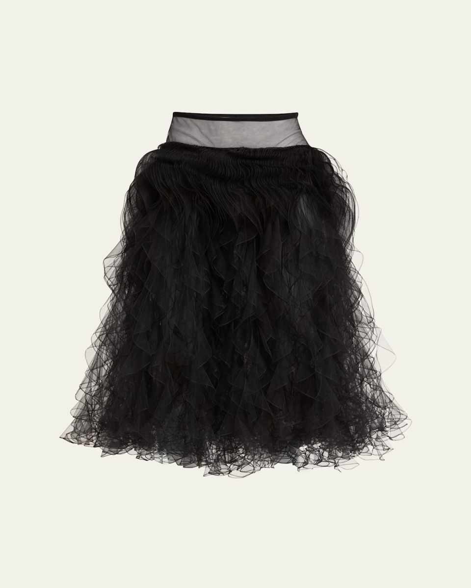 Cascading-Ruffles Tulle Midi Skirt