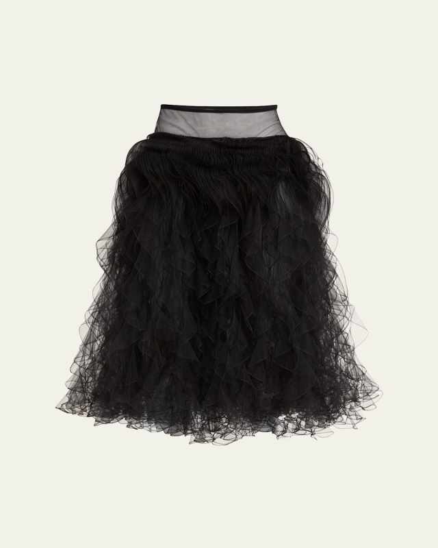 Cascading-Ruffles Tulle Midi Skirt
