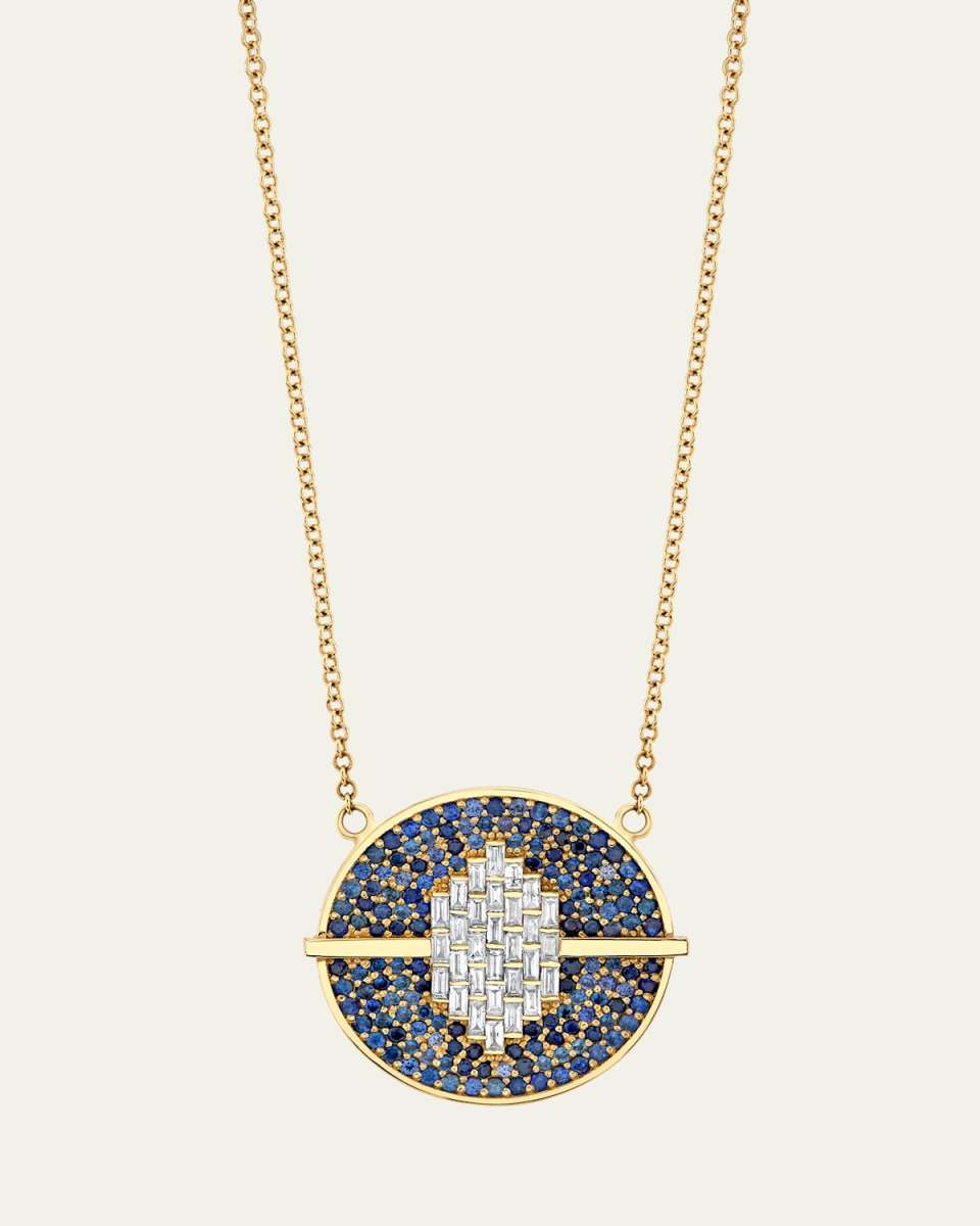14K Gold Orbit Sapphire and Diamond Token Necklace