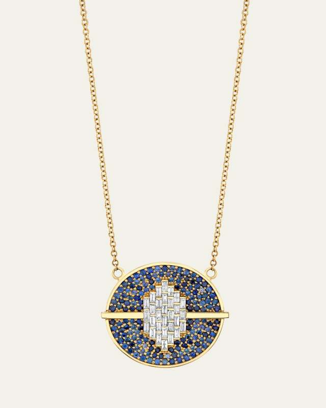 14K Gold Orbit Sapphire and Diamond Token Necklace