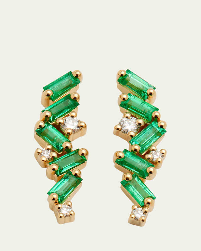 18K Yellow Gold Diamond & Emerald Firework Stud Earrings