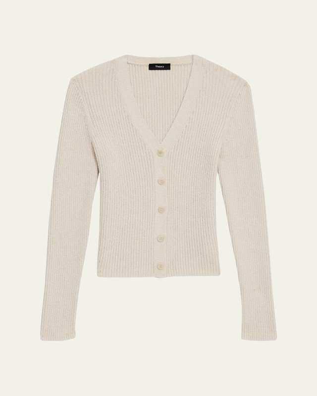 Textured Cotton Rib Fitted V-Neck Cardigan