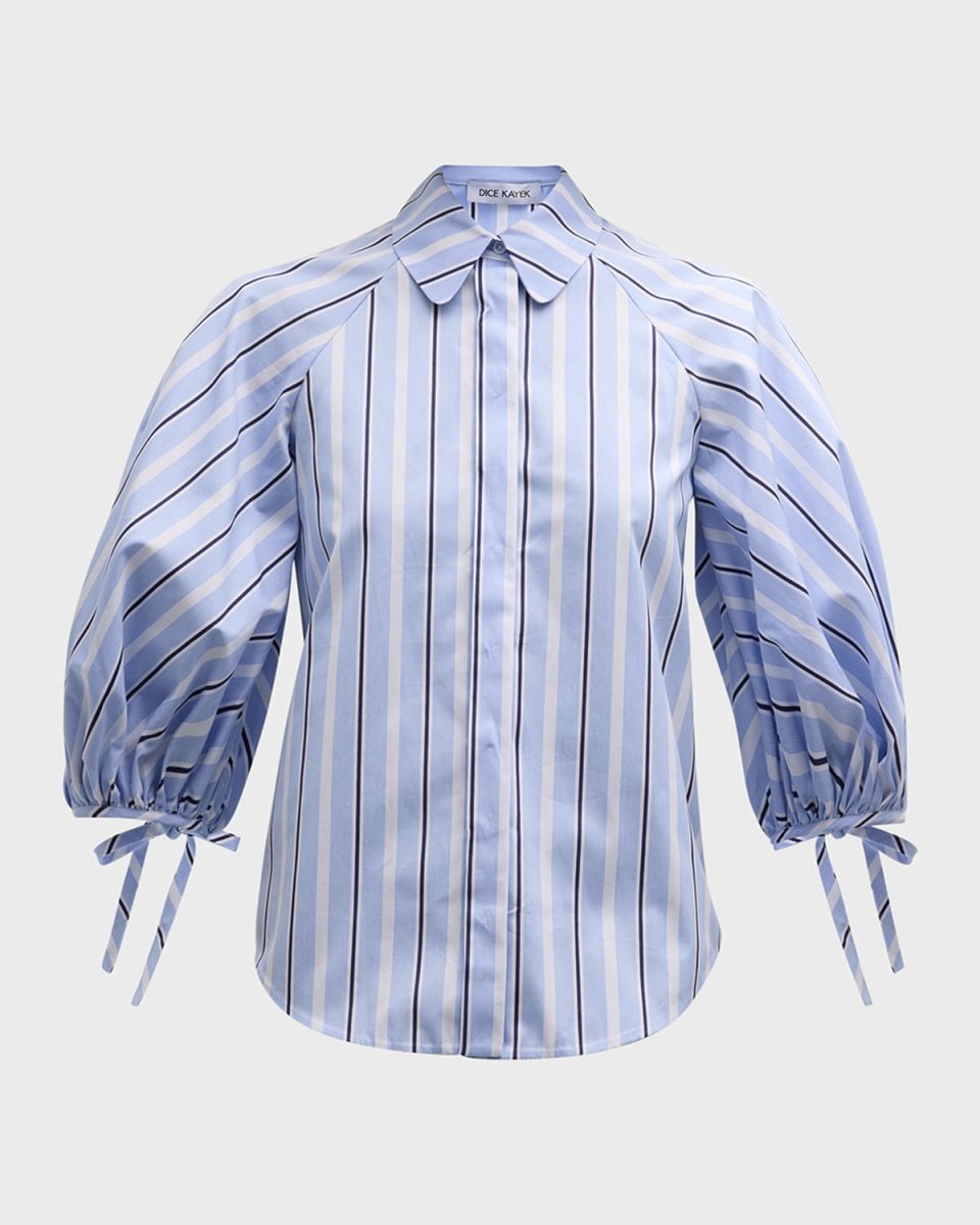 Striped Puff-Sleeve Collared Shirt