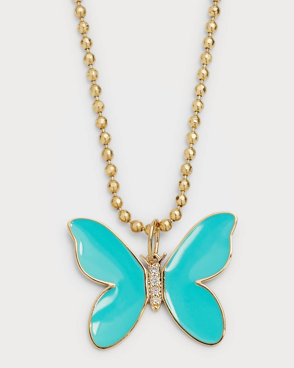 14K Enamel Butterfly Pendant on Heavy Bolita Chain Necklace