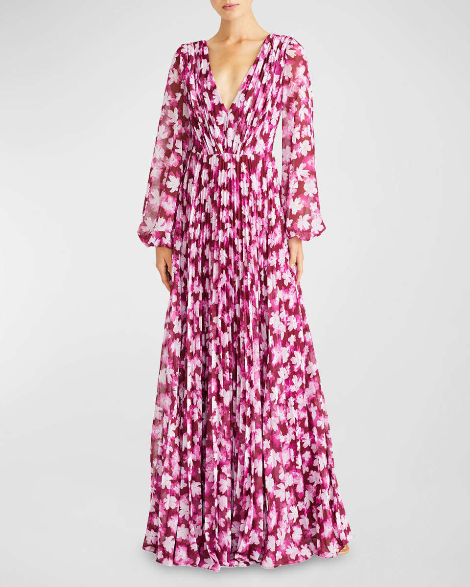 Melanie Pleated Floral-Print Chiffon Gown