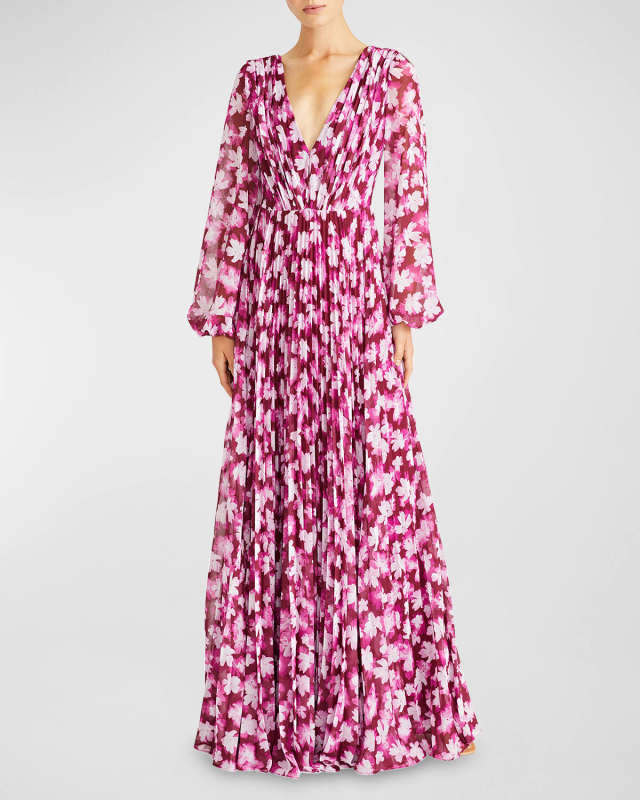 Melanie Pleated Floral-Print Chiffon Gown